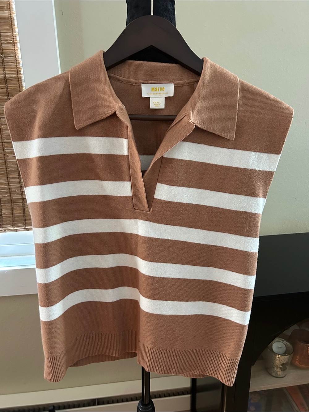 Maeve Camel and White Striped Sleeveless Polo Sweater